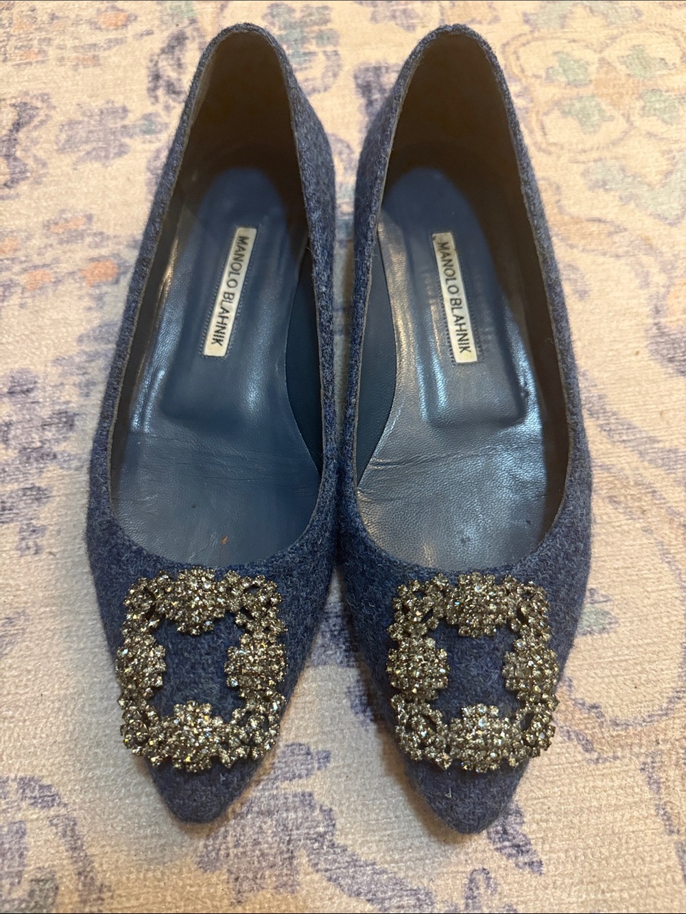 Manolo Blahnik Navy Pointed Toe Flats with Crystal Buckle